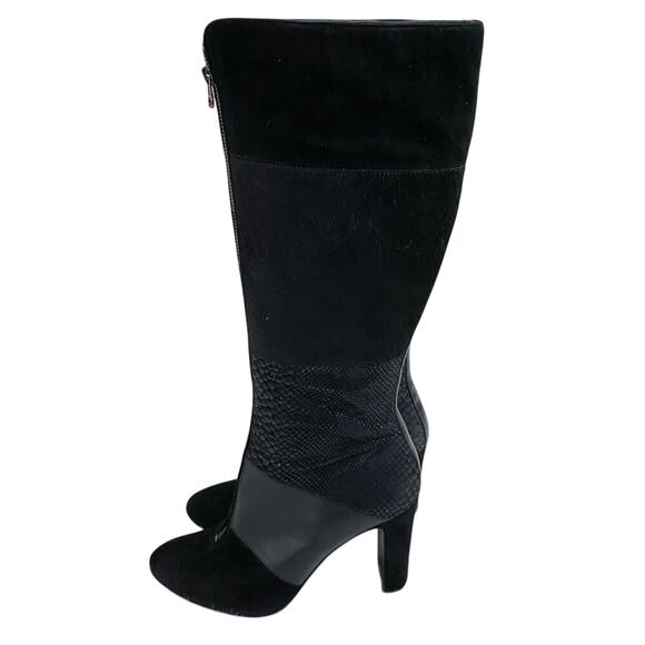 Anne Klein Black Suede & Leather Patchwork Heeled Boots Front Zip Almond Toe 10 - Picture 4 of 10